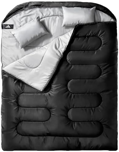 MEREZA Double Sleeping Bag for Adults Mens with Pillow, XL Queen Size Two Person Sleeping Bag for All Season Camping Hiking Backpacking 2 Person Sleeping Bags for Cold Weather & Warm