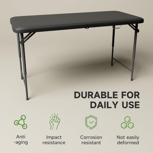 4 FT Folding Table, 3-Position Adjustable Height, Heavy Duty 400 lbs Capacity, Portable Table for Camping, Party, Indoor & Outdoor (Black, 1 Pack)