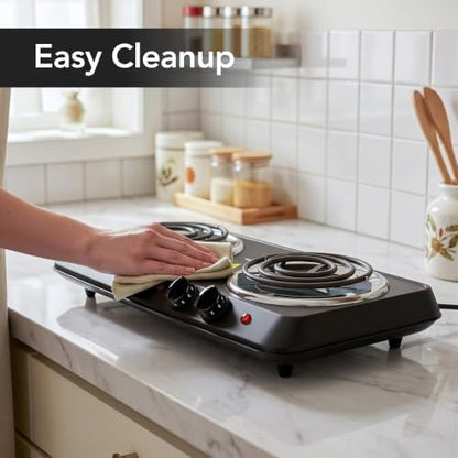 OVENTE Electric Double Burner, 1700W Coil Hot Plate, Black BGC102B