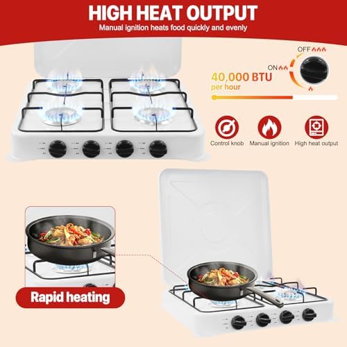 4-Burner Natural Gas Stove, Portable Camping Stove with Pressure-reducing Valve & Wind Guards for RV, Apartment, Outdoor Cooking, Dual Fuel Stove with LPG & NG Compatibility - White