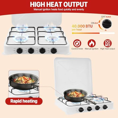 4-Burner Natural Gas Stove, Portable Camping Stove with Pressure-reducing Valve & Wind Guards for RV, Apartment, Outdoor Cooking, Dual Fuel Stove with LPG & NG Compatibility - White