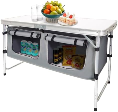 CampLand Outdoor Folding Table Aluminum Lightweight Height Adjustable with Storage Organizer for BBQ, Party, Camping