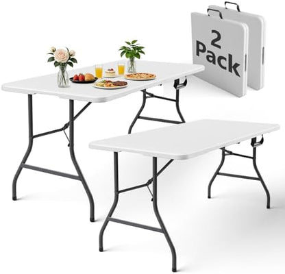 Folding Table 2 Pack, 5FT Folding Table Portable with Built-in Handle, Heavy Duty Plastic Table with Steel Legs Supports to 300lbs, Suitable for Party, Camping, Events Indoor&Outdoor Use, White