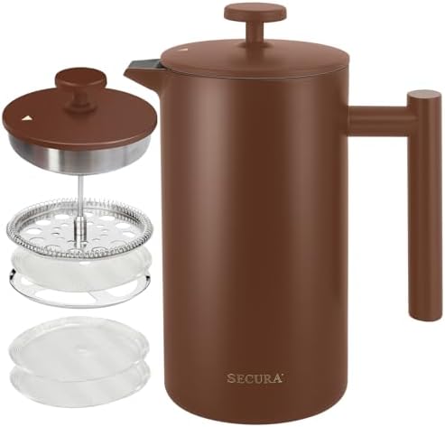 Secura French Press Coffee Maker, 304 Grade Stainless Steel Insulated Coffee Press with 2 Extra Screens, 34oz (1 Litre), Coffee