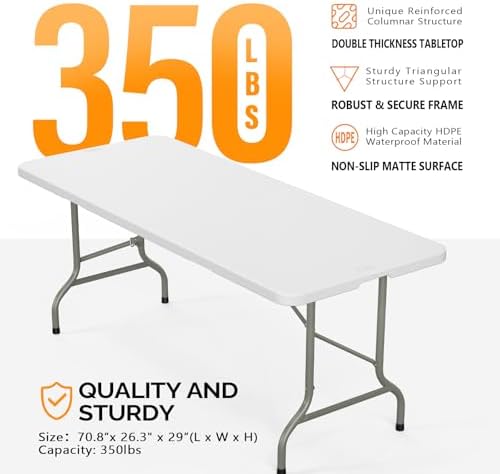 Bonnlo Folding Table 6ft, Portable Collapsible Plastic White Long Tables for Party, Camping, Banquet, Craft, Dining, Wedding, Outdoor and Indoor Use