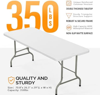 Bonnlo Folding Table 6ft, Portable Collapsible Plastic White Long Tables for Party, Camping, Banquet, Craft, Dining, Wedding, Outdoor and Indoor Use