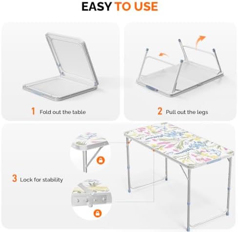 VINGLI 4FT White Folding Table with Carrying Handle Height Adjustable Lightweight Fold Up Portable for Indoor Outdoor Picnic,Camping,Hiking,Fishing,BBQ …