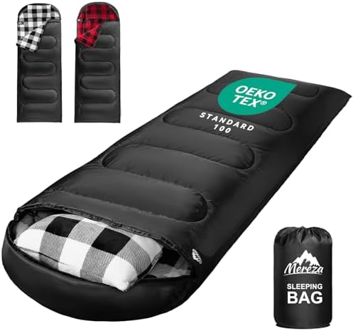 MEREZA Flannel Sleeping Bag for Adults Mens with Pillow, XL Cold Weather Sleeping Bag for 30 Degree 4 Season Camping Large Big and Tall Sleeping Bags with Compression Sack