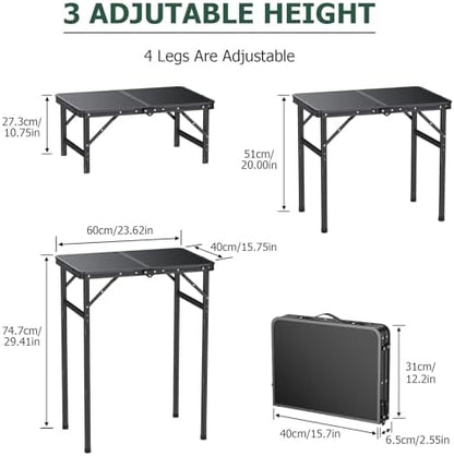 JiGiU Folding Camping Table MDF Desktop, 3 Adjustable Height-Max 29"