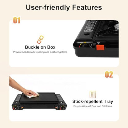 2 Burner Portable Butane Camping Stove, Dual Fuel Stove with Adjustable Burners, Automatic ignition Camping Stove with Butane & Propane Compatibility for Camping Home Backyard Cooking