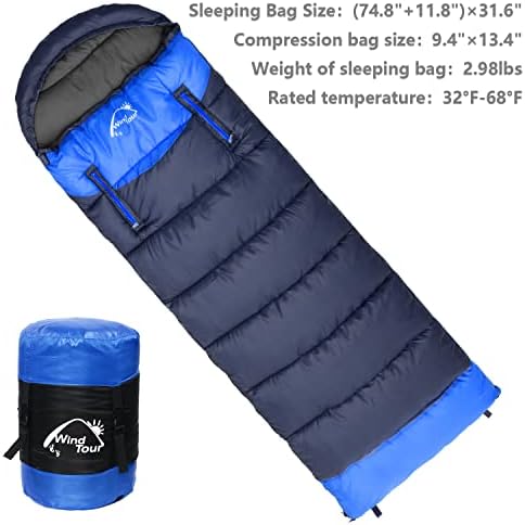 Wind Tour 3 Season Lightweight Waterproof Sleeping Bag Indoor & Outdoor for Hiking Backpacking Camping Traveling