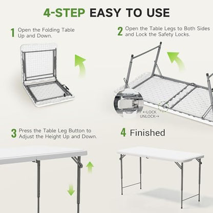 Folding Table 4 Foot - 3-Position Adjustable Height, Heavy Duty 400 lbs Capacity - Portable Tables Folding for Camping, Party, Indoor & Outdoor Use, 10 Pack