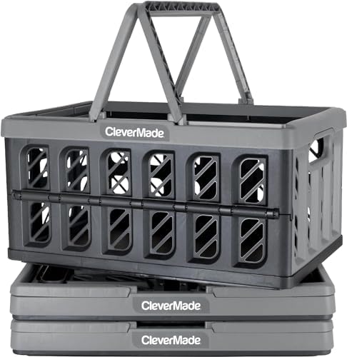 CleverMade Eco Collapsible Shopping Basket with Handles, 24L Stone, 3 Pack