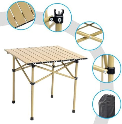 Wind Tour Portable Camping Table Folding Side Table Aluminum Lightweight Table with Carry Bag for Outdoor Cooking Hiking Picnics BBQ Travel (Khaki)