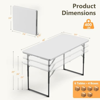 6 Pack 4 FT Folding Table with Adjustable Height, Heavy Duty Fold in Half Utility Table, Portable Plastic Picnic Table, No Assembly Card Table for Camping, BBQ, Party, RV Travel