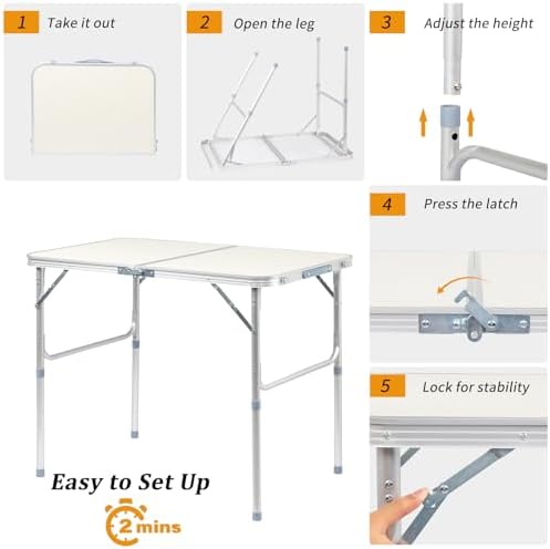 VINGLI 3FT Small Camping Folding Table Adjustable Height Aluminum Folding Table for Picnic Party BBQ, Plastic RV Suitcase Table Portable Lightweight Fold Up Utility Outdoor Tables