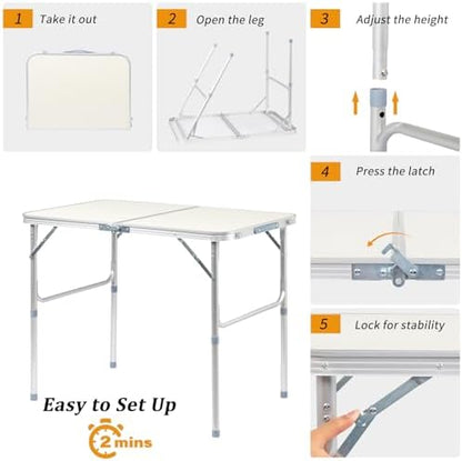 VINGLI 3FT Small Camping Folding Table Adjustable Height Aluminum Folding Table for Picnic Party BBQ, Plastic RV Suitcase Table Portable Lightweight Fold Up Utility Outdoor Tables