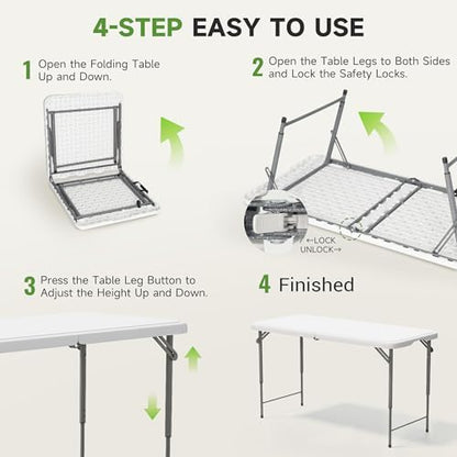 4FT Folding Table, 3 Adjustable Height & Heavy Duty, Double-Layer HDPE with Steel Legs, Foldable Table for Camping, Parties, Picnics, White, 10 Pack