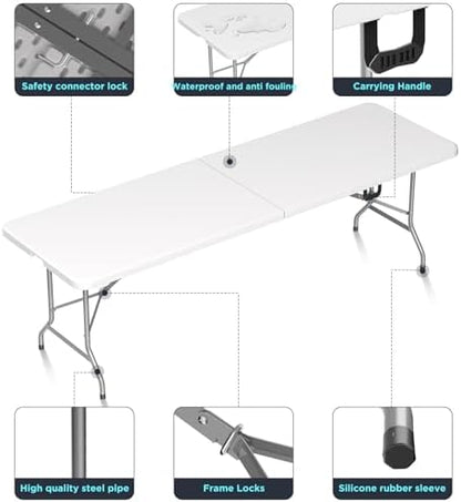 Folding Table Picnic Table, 8 ft Camping Table with Handle and Safety Locks