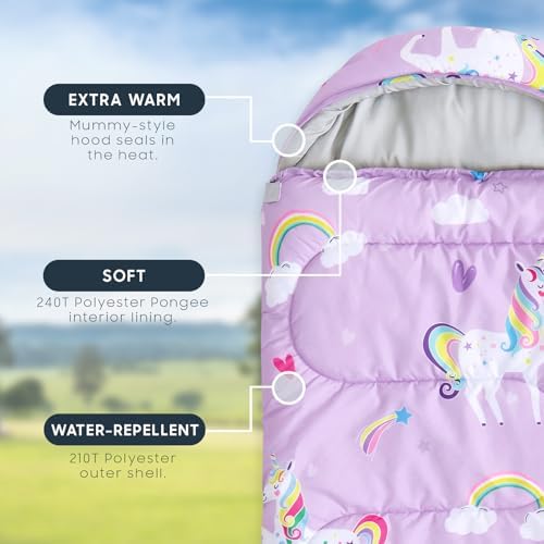 Wake In Cloud - Kids Sleeping Bag for Girls Toddlers, Camping in Warm Cold Weather, Backpacking Lightweight Compact Outdoor Liner for 3 Seasons, Unicorns Rainbow Clouds