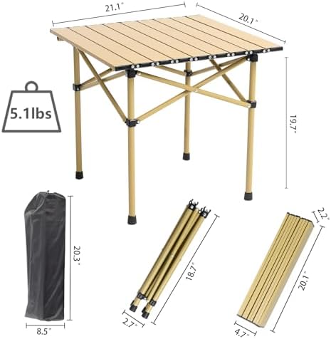 Wind Tour Portable Camping Table Folding Side Table Aluminum Lightweight Table with Carry Bag for Outdoor Cooking Hiking Picnics BBQ Travel (Khaki)