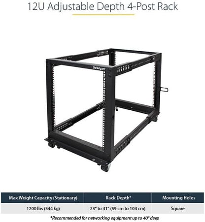 StarTech.com 4-Post 12U Mobile Open Frame Server Rack, 19in Network Rack with Wheels, Rolling Rack for Computer/AV/Data/IT Equipment - Casters, Leveling Feet or Floor Mounting (4POSTRACK12U)