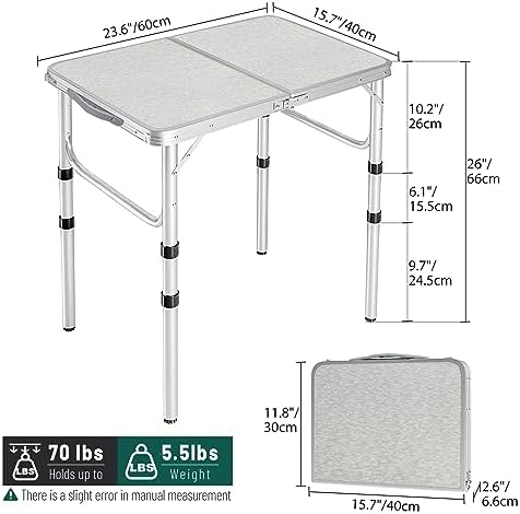RedSwing Small Folding Table 2 Feet, Small Foldable Table Adjustable Height, Lightweight Portable Aluminum Camping Table, 3 Heights, 23in x 15 in x 10 in