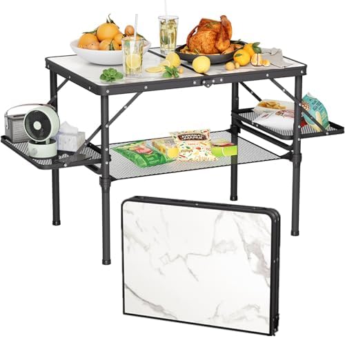 Titanker Folding Camping Table 3ft, Folding Picnic Table, Large Camp Table Portable with Extra Side Racks & Storage Net, Outdoor Patio Table, RV/Car Camping Essentials, Aluminum Light & Solid