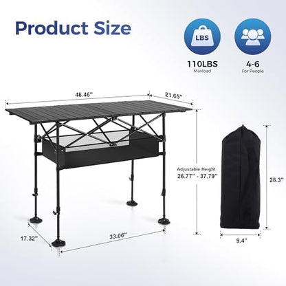 ALPHA CAMP Adjustable Camping Table with Storage for Grill Travel Picnic
