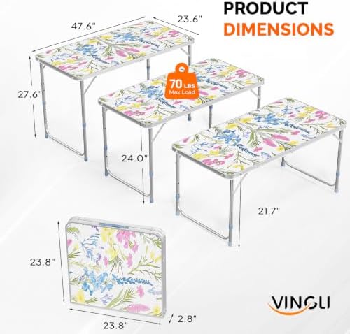 VINGLI 4FT White Folding Table with Carrying Handle Height Adjustable Lightweight Fold Up Portable for Indoor Outdoor Picnic,Camping,Hiking,Fishing,BBQ …
