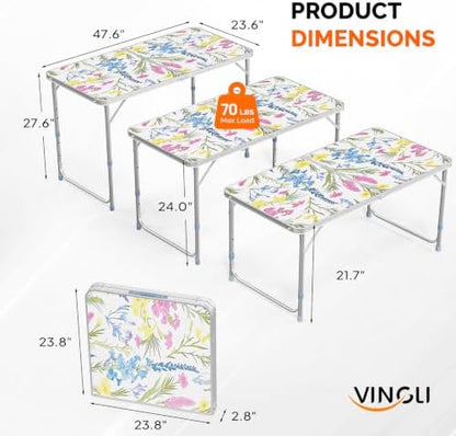 VINGLI 4FT White Folding Table with Carrying Handle Height Adjustable Lightweight Fold Up Portable for Indoor Outdoor Picnic,Camping,Hiking,Fishing,BBQ …