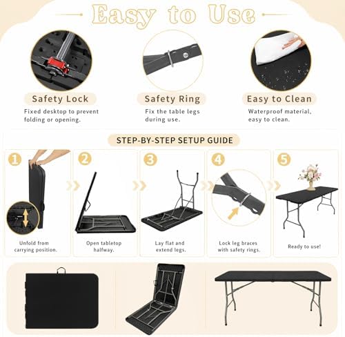 HAISIWLKJ Folding Table 6 FT Lightweight Camping Table Black Portable Plastic Rectangular Outdoor Dining Table Steel Legs Fold-in-Half with Carrying Handle for Indoor,Picnic,Party,Wedding,Events