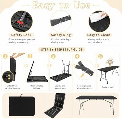 HAISIWLKJ Folding Table 6 FT Lightweight Camping Table Black Portable Plastic Rectangular Outdoor Dining Table Steel Legs Fold-in-Half with Carrying Handle for Indoor,Picnic,Party,Wedding,Events