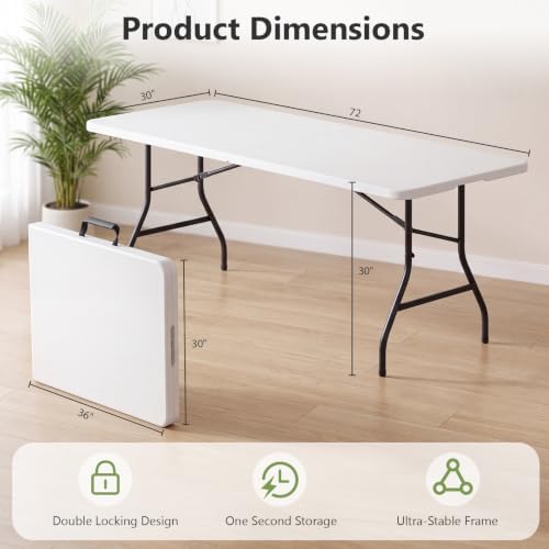 2 Pack 6ft Folding Table, Foldable Picnic Table Portable Table for Indoor Outdoor Use Heavy Duty Plastic Table Camping Table with Carry Handle for Party, BBQ, White