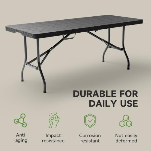 Heavy Duty Folding Table, Sturdy Portable Foldable Table with Safety Lock, Indoor Outdoor Use for Camping Party, 6/8 Foot (Standard, Black-Wood Grain, 6FT-10 Pack)