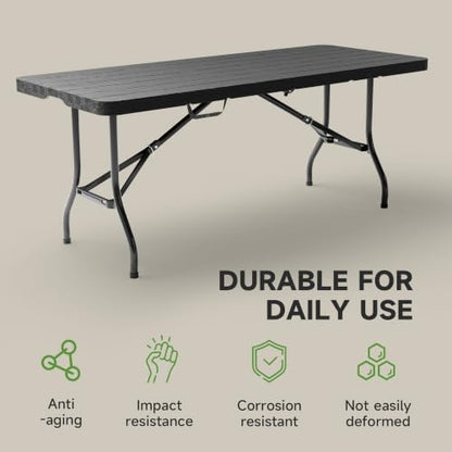 Heavy Duty Folding Table, Sturdy Portable Foldable Table with Safety Lock, Indoor Outdoor Use for Camping Party, 6/8 Foot (Standard, Black-Wood Grain, 6FT-10 Pack)