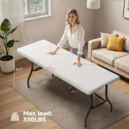 Folding Table 6 Foot - Heavy Duty 330LBS Capacity, Sturdy & Foldable Design with Safety Lock - Portable Tables Folding for Camping, Party, Indoor & Outdoor Use, 2 Pack