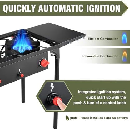 Bestfire 2 Burner Propane Camping Stove,150,000 BTU,Exclusive One-Touch Auto Ignition (Safer & Convenient),2 Side Shelves,CSA-Certified,30s Tool-Free Setup,Portable for Camping, Estufa De Gas Portatil