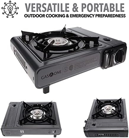 GasOne Portable Butane Camping Stove with Case + 4 Fuel Canister Catridge: Automatic Ignition, Precise Heat Control - Camping & Tailgating and Outdoor Cooking