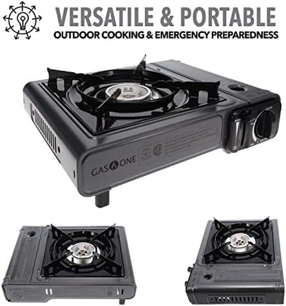 GasOne Portable Butane Camping Stove with Case + 4 Fuel Canister Catridge: Automatic Ignition, Precise Heat Control - Camping & Tailgating and Outdoor Cooking
