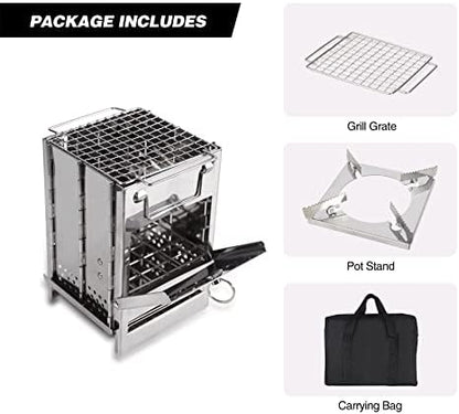 REDCAMP Wood Burning Folding Camp Stove Stainless Steel Grid and Pot Stand, Portable Collapsible Backpacking Stove Survival Rocket Stove for Hiking Outdoor Tent Camping Picnic, Samll with Pot Stand
