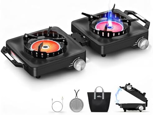 MoKo Propane Camping Stove 2 Burner, 36,000 BTU Infrared & Open Flame Hybrid, Windproof Folding Portable Outdoor Gas Cooking Kit with Frying Pan & Carry Bag For RV, Tailgating, Survival, Black