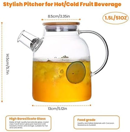 Glass Teapot 50.7oz/1500ml, Stovetop & Microwave Safe Borosilicate Tea Pot,Clear Teapot with Strainer, Glass Tea Kettle with Wooden Lid for Loose Leaf、Fruit Tea and Fragrant Tea