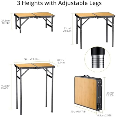 Anbte 2ft Folding Camping Table Max 29.5", 3 Adjustable Height, Yellow