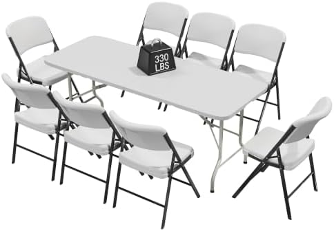 HULKFIT Portable 8-Piece Folding Table and Chairs Set, Heavy Duty 6ft Camping & Party Furniture for Indoor Outdoor Events, White