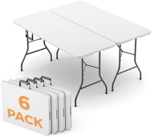 5FT Folding Table 6 Pack, Heavy Duty Fold in Half Plastic Tables with Carry Handle, Portable Indoor Outdoor Utility Table for Party, Picnic, Camping, Banquet, Wedding, RV Travel