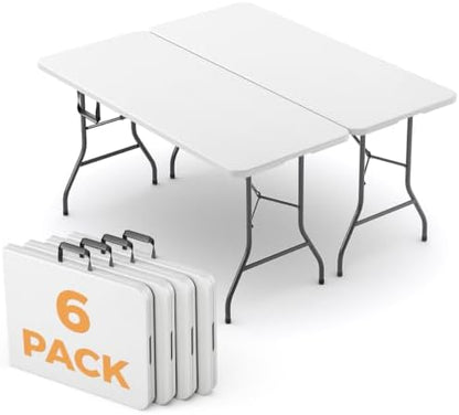 5FT Folding Table 6 Pack, Heavy Duty Fold in Half Plastic Tables with Carry Handle, Portable Indoor Outdoor Utility Table for Party, Picnic, Camping, Banquet, Wedding, RV Travel