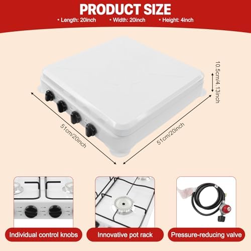 4-Burner Natural Gas Stove, Portable Camping Stove with Pressure-reducing Valve & Wind Guards for RV, Apartment, Outdoor Cooking, Dual Fuel Stove with LPG & NG Compatibility - White