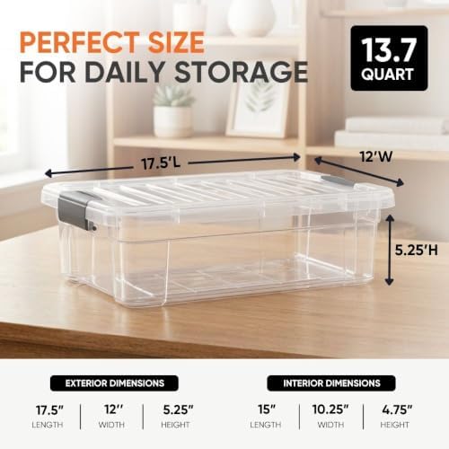 Superio 13.7 Quart Clear Plastic Storage Bin with Lid, Stackable Organizer Box, BPA-Free Storage Container for Home, Garage, School & Office, 2 Pack