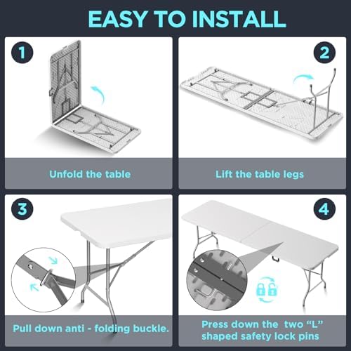 Folding Table Picnic Table, 8 ft Camping Table with Handle and Safety Locks